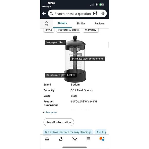 Bodum Brazil 8 Cup French Press Coffee Maker Black Minimalist Gift New In Box - Picture 4 of 12